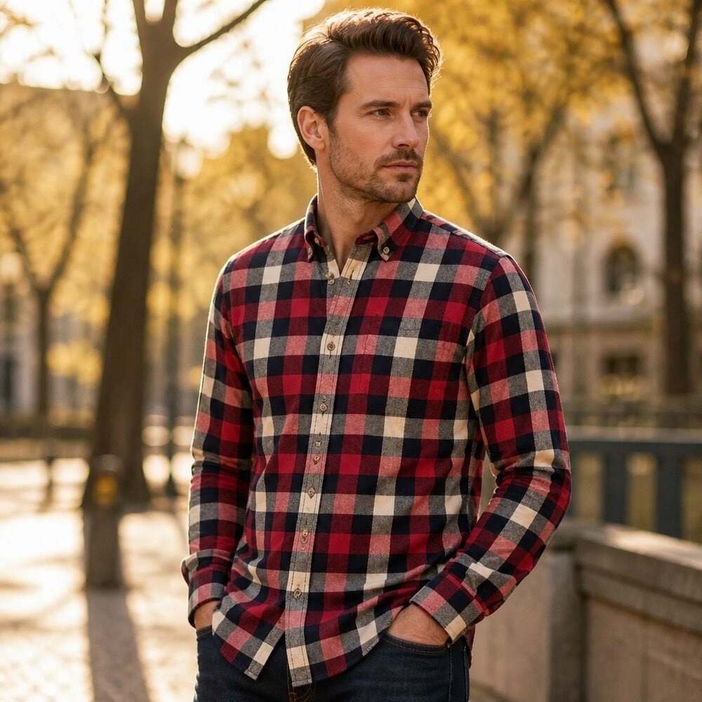 Eddie Bauer Men's Medium Red Black Plaid Flannel Long Sleeve Button Down Shirt